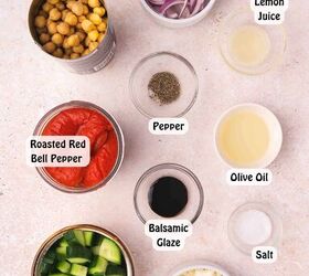easy roasted red bell pepper and chickpea salad recipe, Ingredients for roasted red bell pepper and chickpea salad chickpeas olive oil lemon juice salt pepper roasted red peppers cucumber red onion feta and balsamic glaze