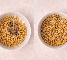 easy roasted red bell pepper and chickpea salad recipe, Tossing chickpeas with olive oil lemon juice salt and pepper in a medium bowl