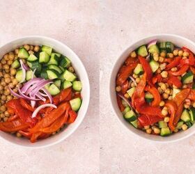 easy roasted red bell pepper and chickpea salad recipe, Mixing roasted red peppers diced cucumber and red onion with chickpeas topped with feta and balsamic glaze