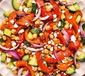 easy roasted red bell pepper and chickpea salad recipe, Colorful Mediterranean inspired roasted red pepper chickpea salad with balsamic glaze on a platter
