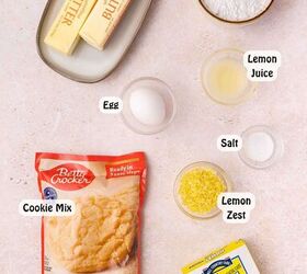 easy soft lemon sugar cookie bars best dessert for spring, Ingredients for easy soft lemon sugar cookie bars with sugar cookie mix butter egg lemon pudding mix lemon juice lemon zest powdered sugar for lemon buttercream