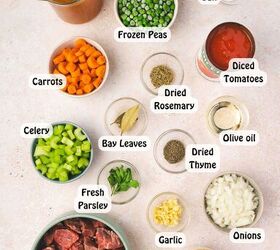 the best beef and barley stew comforting one pot recipe, Ingredients for beef and barley stew including beef chuck pearl barley vegetables herbs and broth