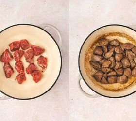 the best beef and barley stew comforting one pot recipe, Beef cubes browning in olive oil in a Dutch oven for beef and barley stew