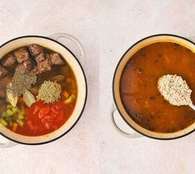 the best beef and barley stew comforting one pot recipe, Beef and pearl barley simmering in broth with herbs for beef and barley stew