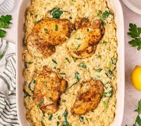 easy baked chicken orzo a one pan dinner recipe, Easy baked chicken orzo made in one pan with creamy Boursin cheese spinach and lemon