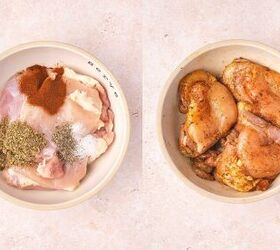 easy baked chicken orzo a one pan dinner recipe, Chicken thighs seasoned with salt pepper paprika and oregano ready for baking