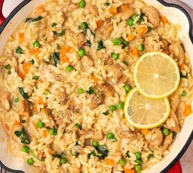 creamy lemon chicken orzo pasta easy one pan dinner recipe, Skillet creamy lemon chicken orzo pasta with vegetables served with lemon slices and crusty bread