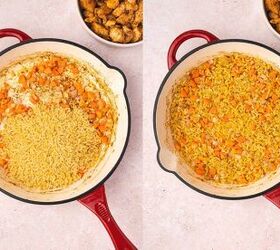 creamy lemon chicken orzo pasta easy one pan dinner recipe, Adding orzo to the skillet and stirring to coat evenly with oil and aromatics