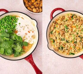 creamy lemon chicken orzo pasta easy one pan dinner recipe, Stirring in frozen peas heavy cream and spinach returning chicken to skillet and finishing creamy lemon chicken orzo pasta