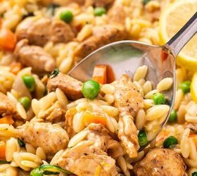 creamy lemon chicken orzo pasta easy one pan dinner recipe, Close up skillet shot of creamy lemon chicken orzo pasta with vegetables and fresh lemon zest