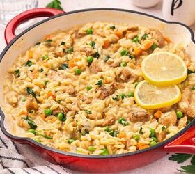 creamy lemon chicken orzo pasta easy one pan dinner recipe, Creamy lemon chicken orzo pasta with carrots and peas simmered in a skillet and finished with fresh lemon and herbs