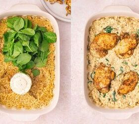 easy baked chicken orzo a one pan dinner recipe, Creamy baked chicken orzo with Boursin cheese spinach and lemon zest ready to serve