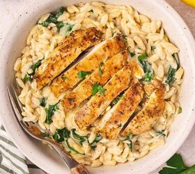 easy baked chicken orzo a one pan dinner recipe, One pan baked chicken orzo bowl with creamy Boursin cheese fresh spinach and lemon zest
