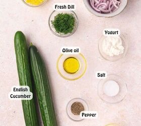 creamy cucumber dill salad easy salad with yogurt dressing, Fresh ingredients for creamy cucumber dill salad cucumbers red onion Greek yogurt olive oil lemon and fresh dill