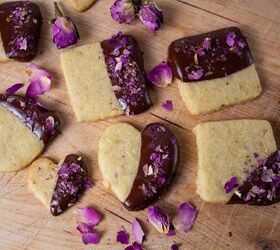 pistachio cookies dipped in dark chocolate, choclate dipped pistachio cookies sprinkled with rose petals
