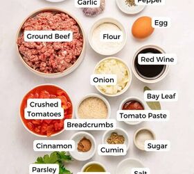 greek beef meatballs in tomato sauce soutzoukakia, Top view of labeled ingredients for Soutzoukakia including ground beef tomato sauce red wine garlic onion egg flour breadcrumbs tomato paste parsley olive oil spices and seasonings perfect for Greek beef meatballs