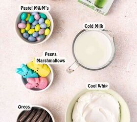 easy easter pistachio pudding dirt cups with oreos and peeps, Ingredients for Easter pistachio pudding dirt cups including pistachio pudding mix milk Cool Whip Oreos mini Peeps chocolate eggs and sprinkles on a table