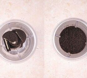 easy easter pistachio pudding dirt cups with oreos and peeps, Chocolate sandwich cookies crushed into fine crumbs in a bowl using a rolling pin