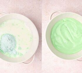 easy easter pistachio pudding dirt cups with oreos and peeps, Pistachio pudding mix being whipped with cold milk in a medium bowl using a hand mixer