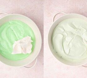 easy easter pistachio pudding dirt cups with oreos and peeps, Cool Whip being gently folded into pistachio pudding mixture in a bowl