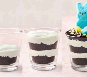 easy easter pistachio pudding dirt cups with oreos and peeps, Layered pistachio pudding and cookie crumbs in 6 oz cups decorated with Peeps chocolate eggs and sprinkles