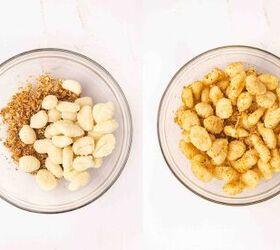 crispy air fryer gnocchi recipe easy snack ready in minutes, Potato gnocchi being tossed in a bowl with olive oil garlic Parmesan and spices until evenly coated