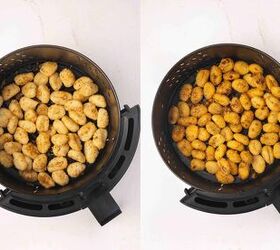 crispy air fryer gnocchi recipe easy snack ready in minutes, Seasoned gnocchi spread in a single layer in an air fryer basket before cooking until crispy and golden