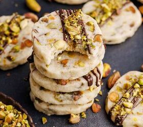 pistachio shortbread cookies, Pistachio Shortbread Cookies stacked on top of each other with cookies and nuts around