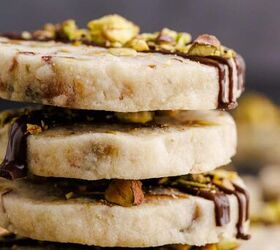 pistachio shortbread cookies, Pistachio Shortbread Cookies stacked on top of each other up close