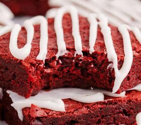pistachio shortbread cookies, Red Velvet Brownies with Frosting Drizzle Stacked with One Bite Taken to Show Texture