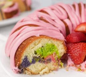 quick and easy spicy crab salad in just 15 minutes, Slice of Easter Bundt cake with pink glaze and colorful marble crumb served with fresh strawberries