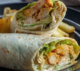 buffalo chicken wrap recipe healthy buffalo chicken wrap, Close up image of a Buffalo Chicken Wrap cut in half