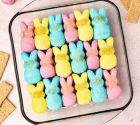 easy 4 ingredient peeps s mores dip for easter, Gooey Easter Peeps s mores dip baked with chocolate and coconut served warm with graham crackers