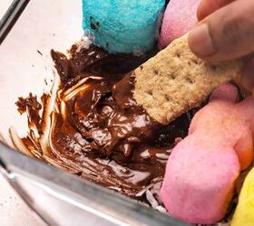 easy 4 ingredient peeps s mores dip for easter, Detail of gooey chocolate and toasted Peeps with shredded coconut sprinkled on top