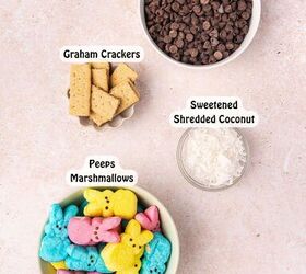 easy 4 ingredient peeps s mores dip for easter, Semi sweet chocolate chips Easter Peeps marshmallows shredded coconut and graham crackers arranged for s mores dip