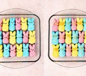 easy 4 ingredient peeps s mores dip for easter, Easter Peeps marshmallows arranged in a single layer over melted chocolate baked until puffed and lightly golden