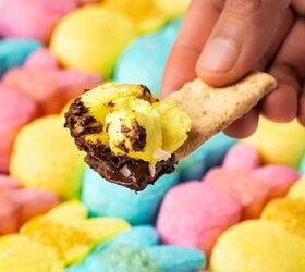easy 4 ingredient peeps s mores dip for easter, Close up of colorful Easter Peeps melting into rich chocolate in a skillet