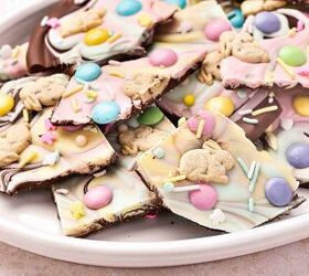 pastel easter chocolate bark the best candy treat for easter, Pastel Easter Chocolate Bark arranged neatly on a serving tray perfect for gifting or a party centerpiece