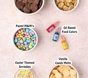 pastel easter chocolate bark the best candy treat for easter, Ingredients for pastel Easter chocolate bark including chocolate candy melts vanilla candy melts pink blue and yellow food coloring pastel M M s bunny graham crackers and Easter sprinkles