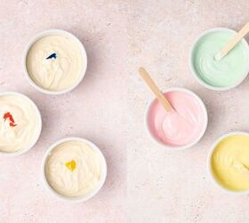 pastel easter chocolate bark the best candy treat for easter, Dividing melted vanilla candy melts into three bowls and adding pink pastel blue and pastel yellow food coloring