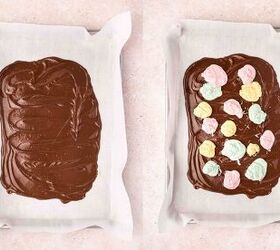 pastel easter chocolate bark the best candy treat for easter, Pouring melted chocolate candy melts onto a baking sheet and swirling pastel colored vanilla candy melts on top for a marbled effect