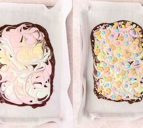 pastel easter chocolate bark the best candy treat for easter, Sprinkling pastel M M s bunny graham crackers and Easter themed sprinkles over the marbled chocolate bark