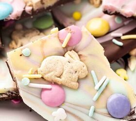 pastel easter chocolate bark the best candy treat for easter, Close up of a single piece of Pastel Easter Chocolate Bark highlighting pastel swirls M M s bunny grahams and sprinkles