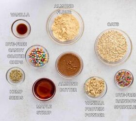 birthday cake protein balls kid friendly no bake funfetti energy bi, Ingredients for birthday cake protein balls in glass bowls on white surface