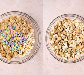 easy easter bunny bait snack mix no bake recipe, A large mixing bowl filled with Chex cereal popcorn Bunny Grahams and colorful M Ms being gently tossed together