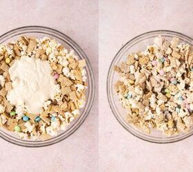 easy easter bunny bait snack mix no bake recipe, Melted white chocolate being drizzled over the snack mix and gently folded in with a spatula