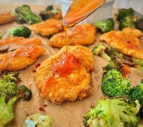 cornflake chicken strips with sweet chili honey and broccoli, Cornflake chicken strips drizzled with sweet chili honey served with roasted broccoli