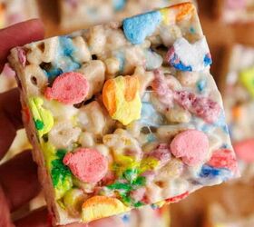 easter brownies, Lucky Charms Rice Krispies Treat square being picked up up close