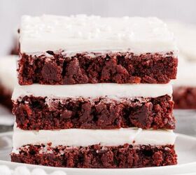 easter brownies, Red Velvet Cookies Bars stacked on a plate with icing and sprinkles