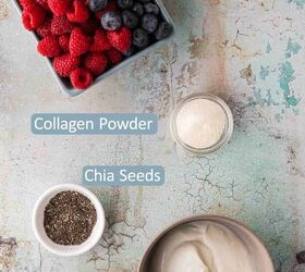 easy high protein greek yogurt bowl with chia seeds berries, Overhead shot of the ingredients needed to make a high protein Greek Yogurt Breakfast bowl Ingredients include Greek yogurt chia seeds collagen powder and fresh fruit or berries